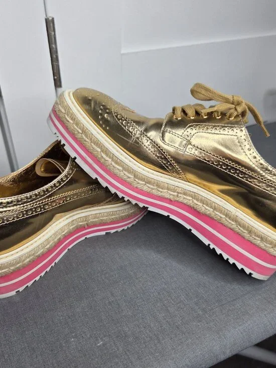 Prada Gold Metallic Platform Brogue Oxfords Espadrille Sole Women's 37.5 - Picture 13 of 13